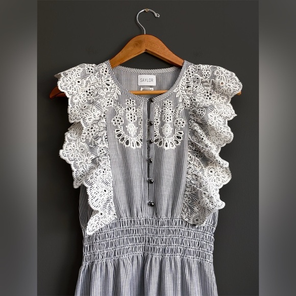 Saylor Striped Gray White Floral Embroidered Midi Dress Wedding Romantic Cottage - Picture 7 of 13